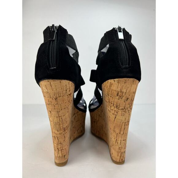 Rouge 8.5 Black Strappy Sling-back Stretch Cork Platform Wedge Women's Shoes - Picture 7 of 9